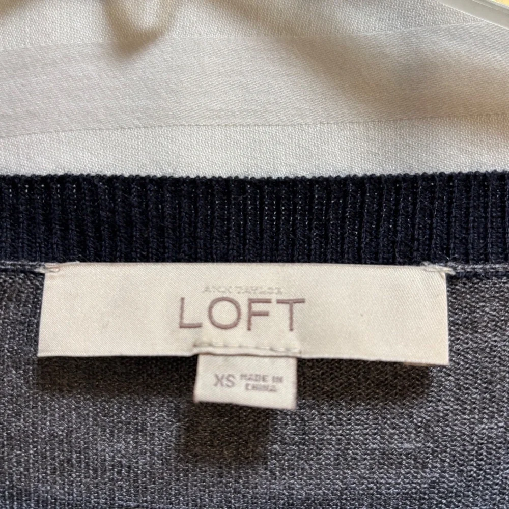 Loft Navy Blue Gray Colorblock MERINO‎ WOOL Blend Sweater Scoop Neck 3/4 Sleeve